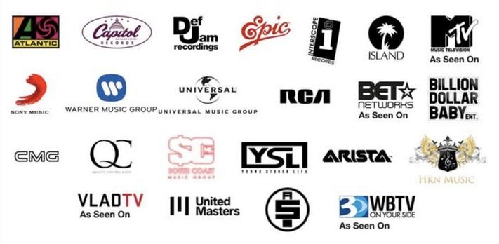 Record label and media logos: Atlantic, Capitol, Def Jam, Epic, Interscope, Island, MTV, Sony Music, Warner, Universal, RCA, BET, CMG, Quality Control, YSL and more